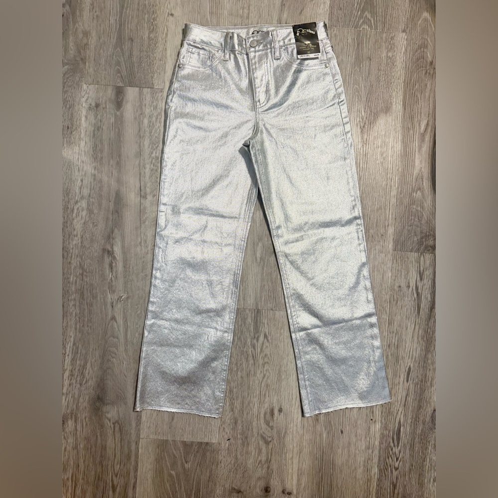 Metallic Silver Straight Jeans